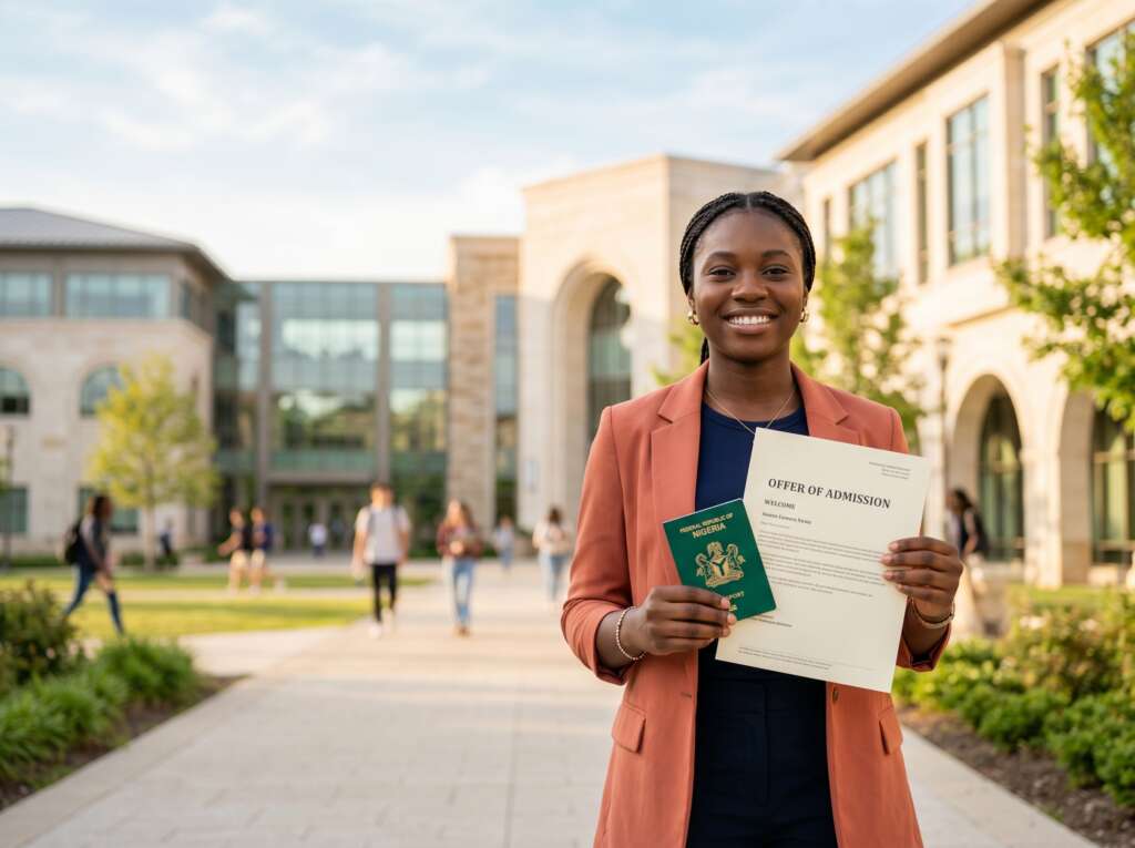 How to get a study visa from Nigeria, a student holding a passport and admission letter abroad.