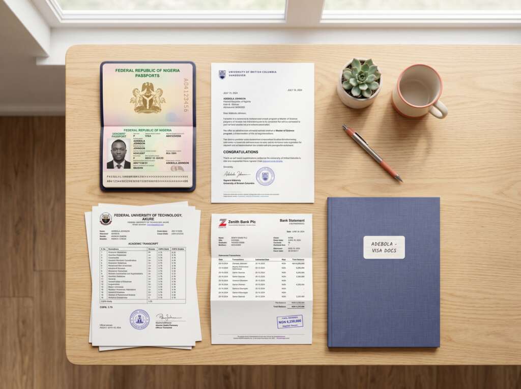 The documents needed for a study visa from Nigeria laid out neatly on a desk.