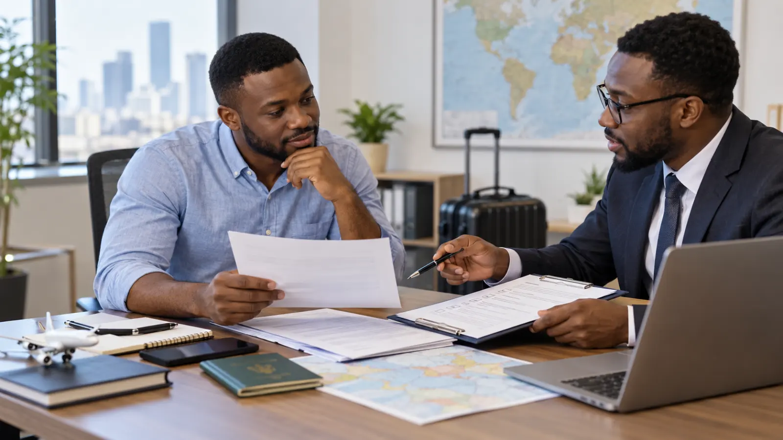 Nigerian professional reviewing an overseas employment offer and visa sponsorship checklist with a recruiter.