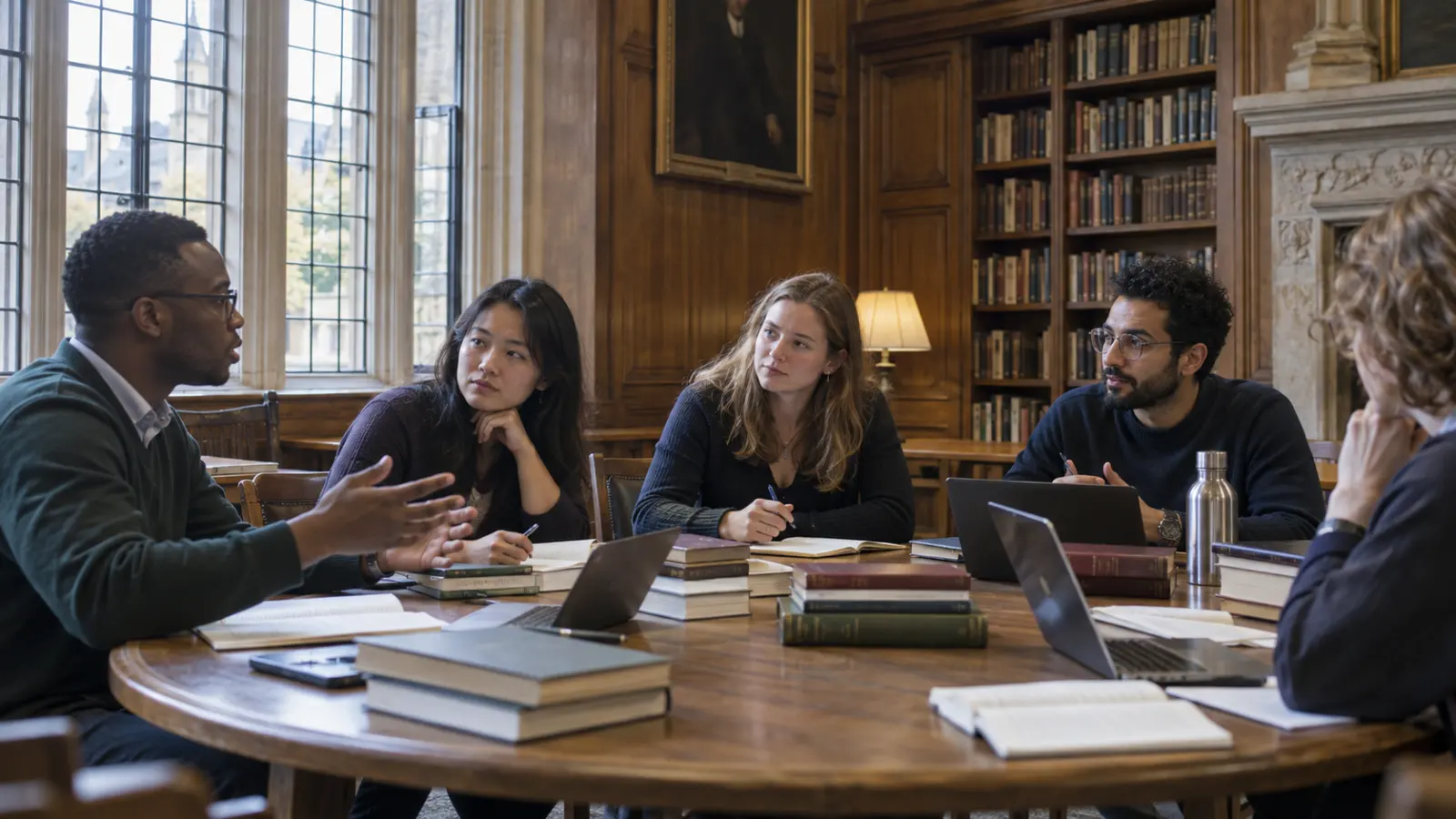 Diverse postgraduate scholars debating research ideas in a historic Cambridge-style seminar room