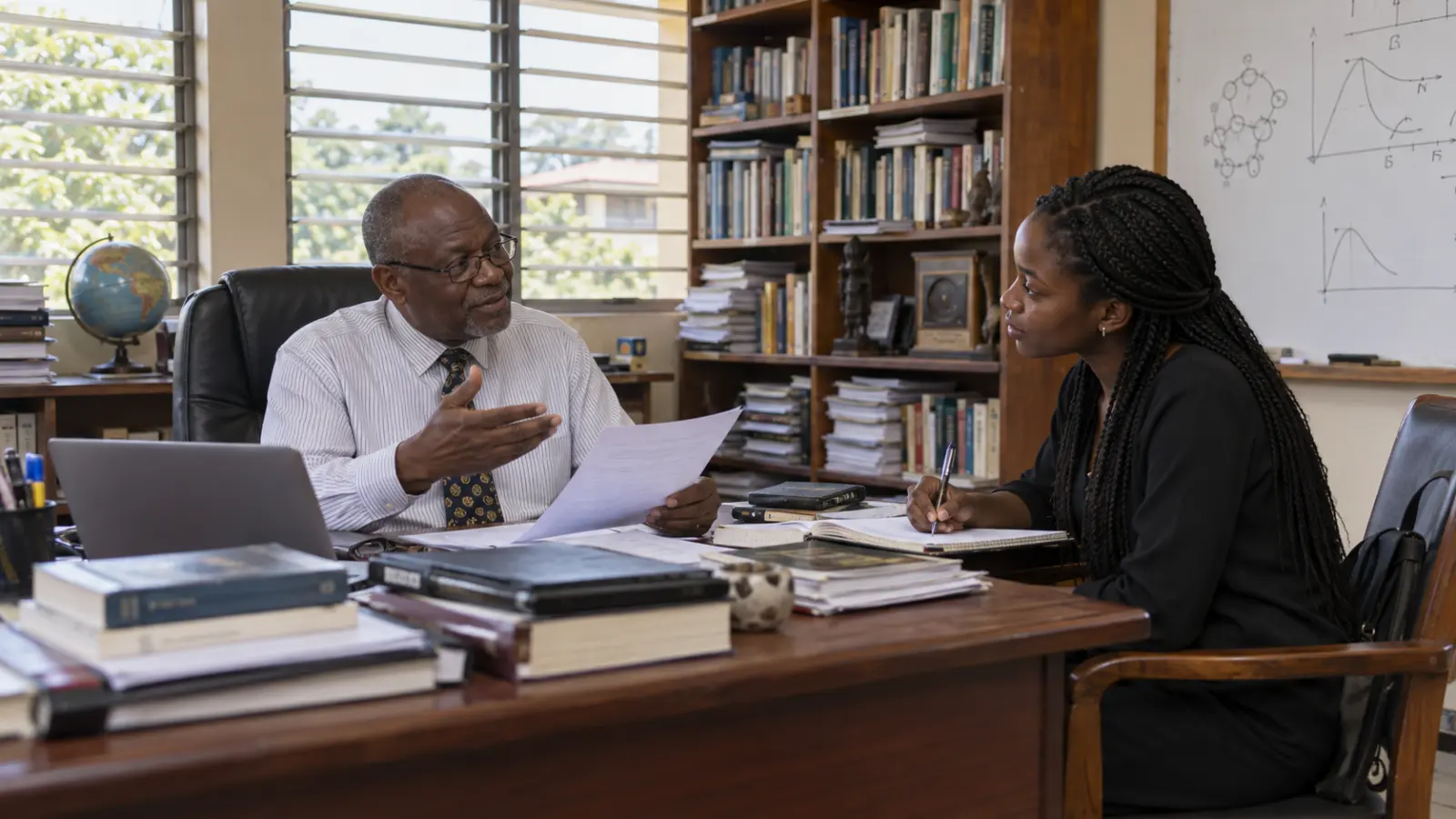 Senior Nigerian university professor advising a postgraduate applicant about a scholarship recommendation
