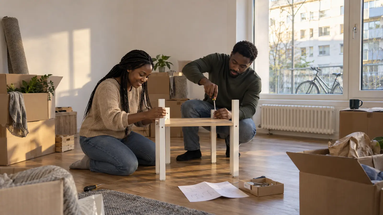 A Nigerian couple assembles simple furniture while unpacking their first modest apartment in Germany.