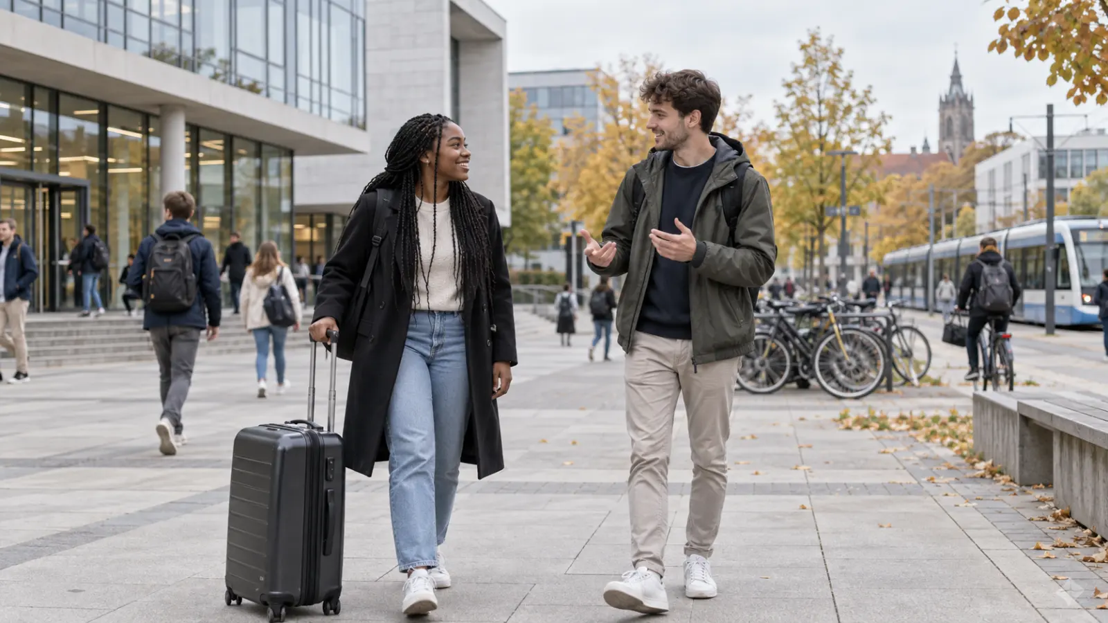 A Nigerian student arrives at a German university campus with one suitcase and receives orientation from another student.