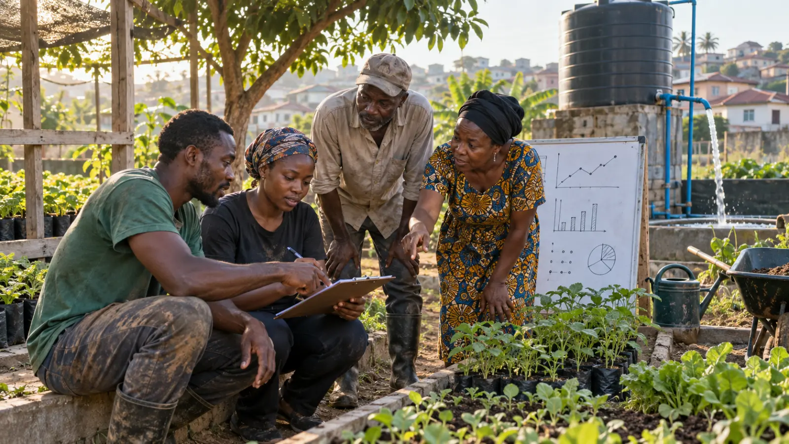 A diverse Nigerian community project team measuring development results together.