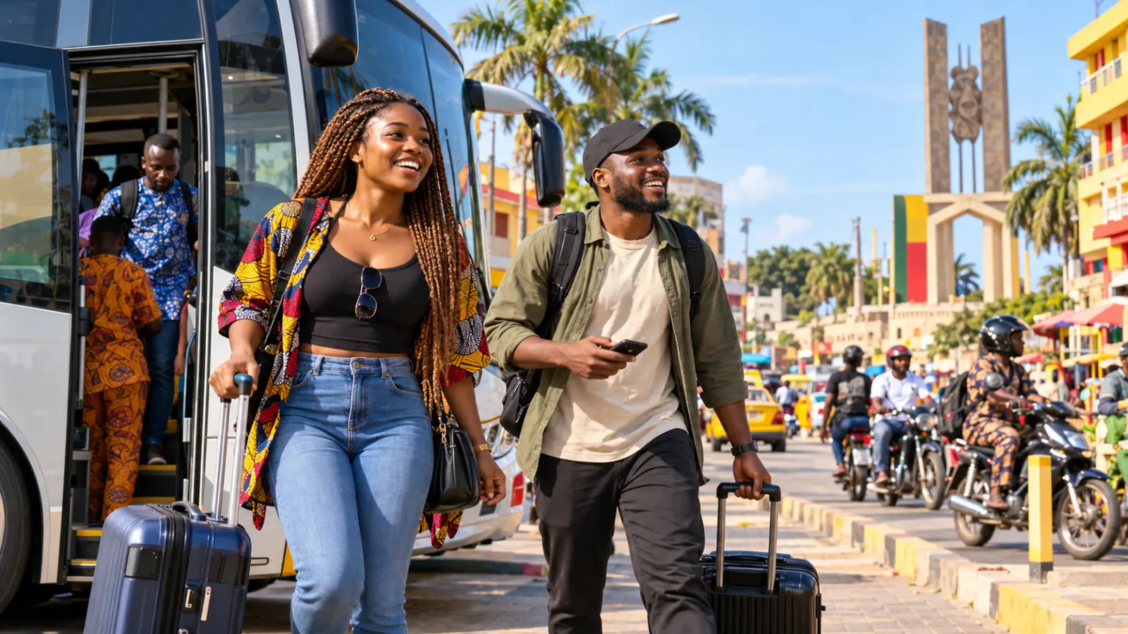 Nigerian travellers arriving in Cotonou by coach