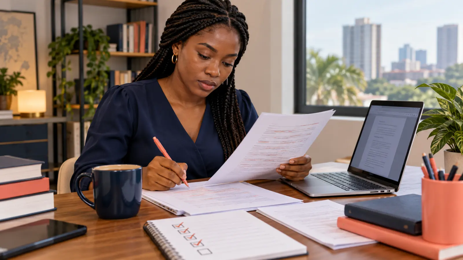 Proofreading a study abroad statement of purpose against a checklist.