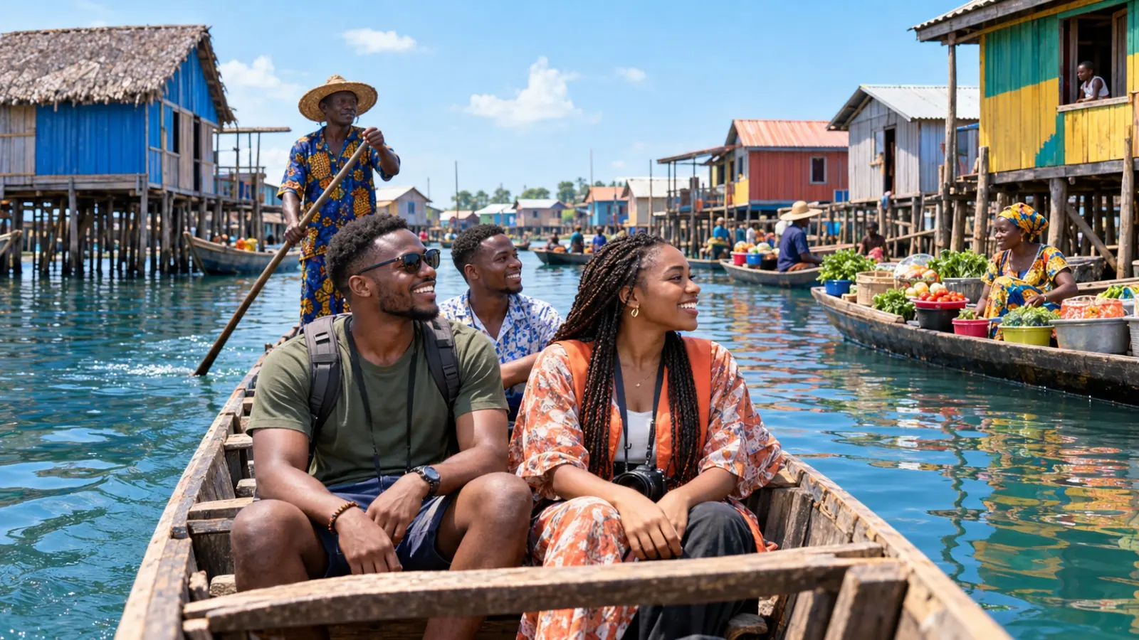 Nigerian friends visiting Ganvie lake village by boat