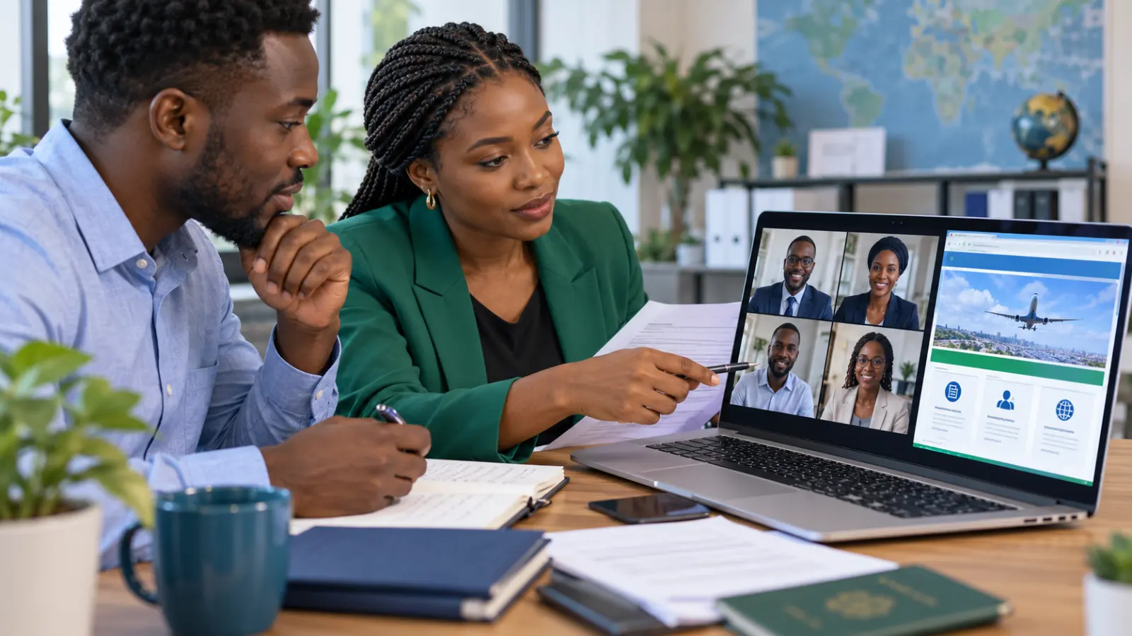 African professionals reviewing an overseas employment contract