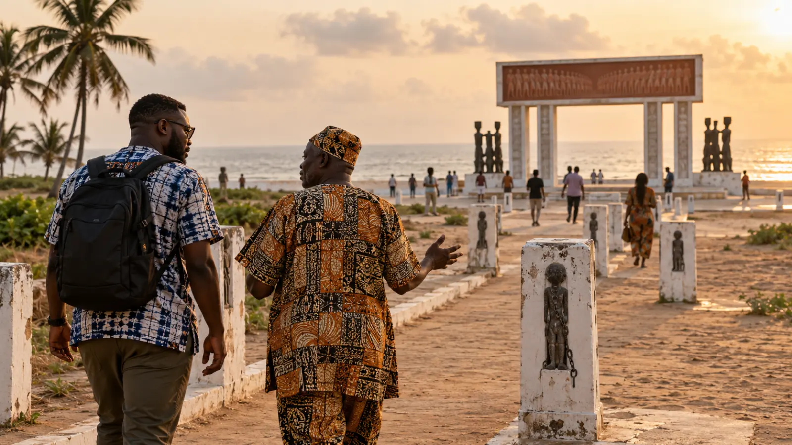 Nigerian traveller walking the historic route in Ouidah with a local guide