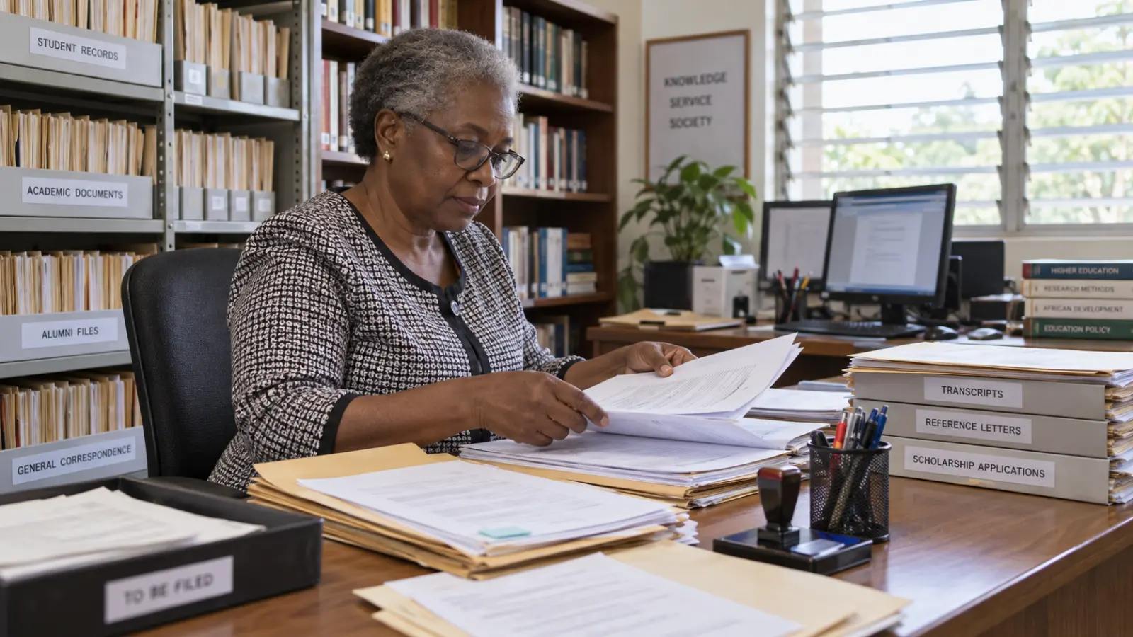A Nigerian university administrator organising transcripts and scholarship reference letters.