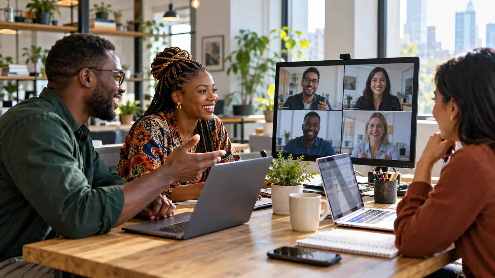 Diverse remote team collaborating with Nigerian professionals in a modern coworking space.